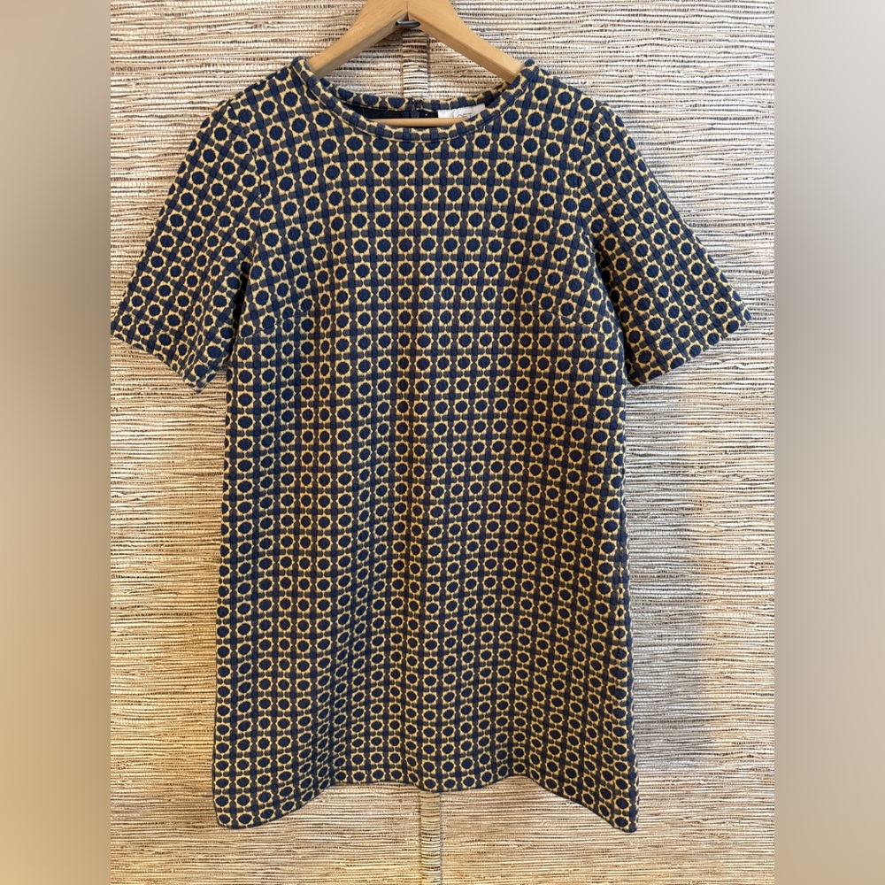 LOFT Ann Taylor Dress Women’s Size Small Quilted Shift Circle Print Gold Navy